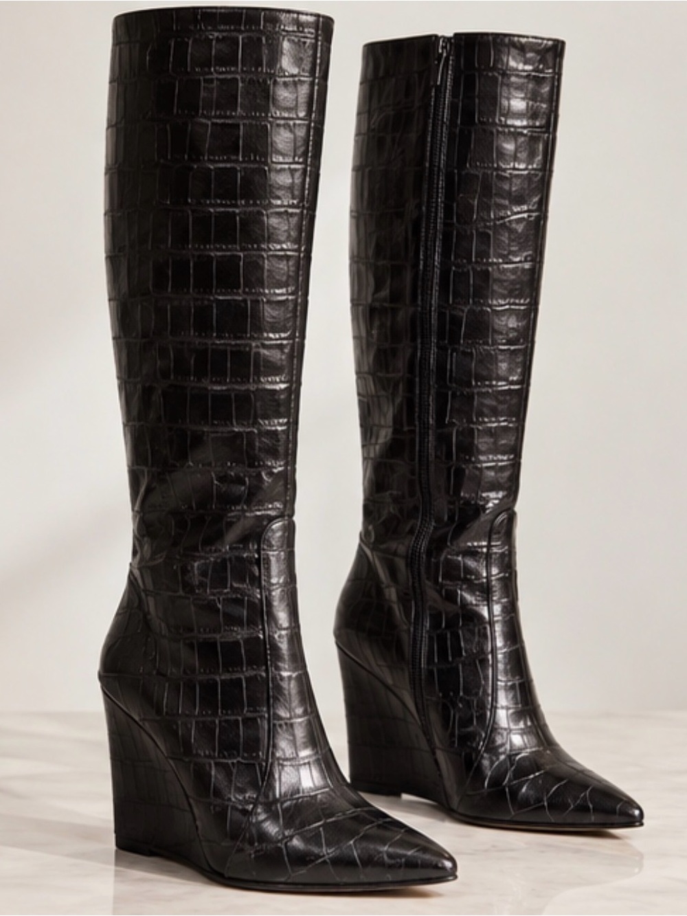 Alice + Olivia Black REAL Croc-Embossed Wedge Knee Boots